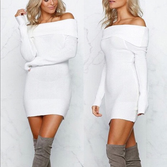 💕Sexy White Off Shoulder knitted Sweater Dress - Picture 6 of 7
